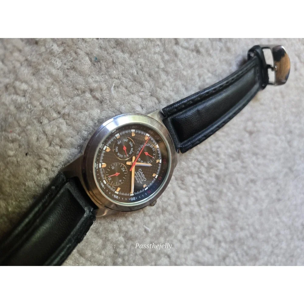 Casio Watch Mens Day Date 24 Hour Subdial Black Dial Quartz Modern Prep vtg